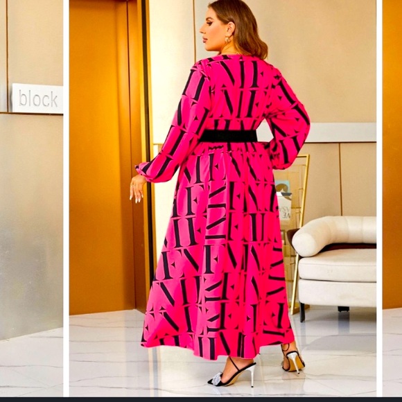 Letter Print Split Thigh Belted, Elegant V Neck High Waist Pleated Maxi Dress - Picture 5 of 11